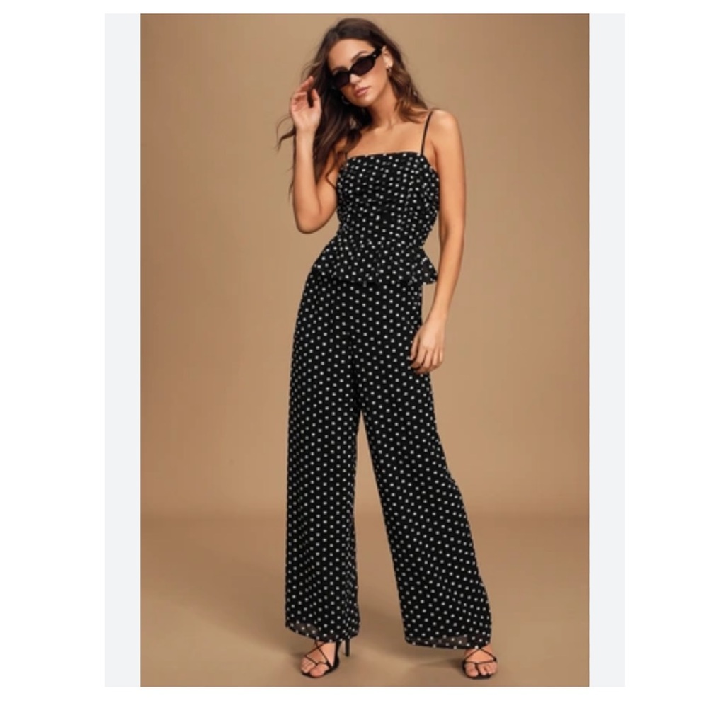 Lulus Show Them Up Black Floral Embroidered Peplum Wide-Leg Jumpsuit M